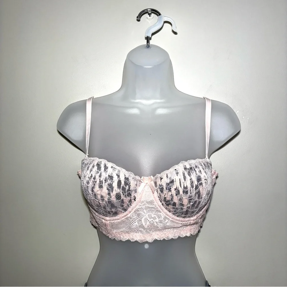 René Rofé Pink Lace Balconette Bra 36B Corset-Style Wide Band Animal Print NWOT